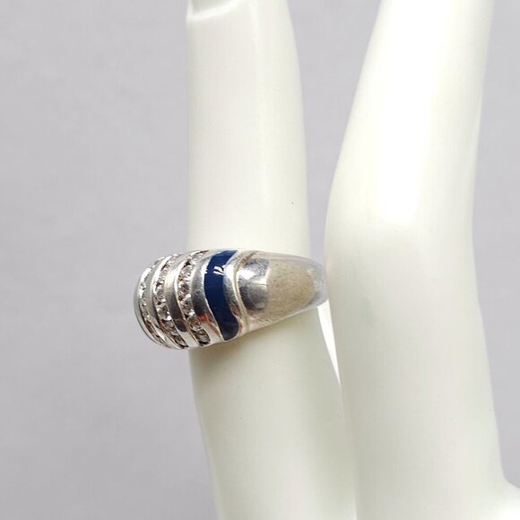 Sterling Silver Blue Enamel Clear Rhinestone Ring With Striped Design Size 6 - Picture 3 of 8